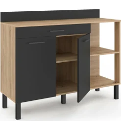 IDMarket Buffet bas de cuisine bois façon hêtre 120 cm 2 portes + tiroir noir* Meubles Tiroirs|Meubles Hauts