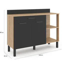 IDMarket Buffet bas de cuisine bois façon hêtre 120 cm 2 portes + tiroir noir* Meubles Tiroirs|Meubles Hauts