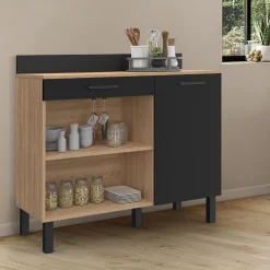 IDMarket Buffet bas de cuisine en bois façon hêtre 100 cm porte + tiroir noir* Meubles De Cuisine Avec Plan De Travail|Buffets De Cuisine