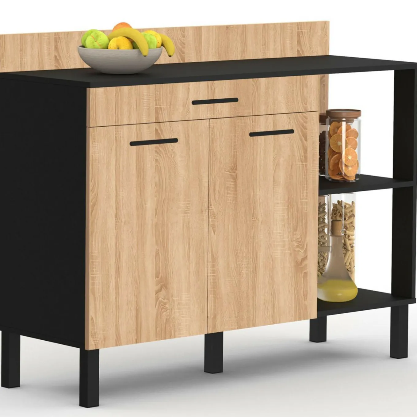 IDMarket Buffet bas de cuisine noir 120 cm 2 portes + tiroir bois façon hêtre* Meubles Tiroirs|Meubles Bas