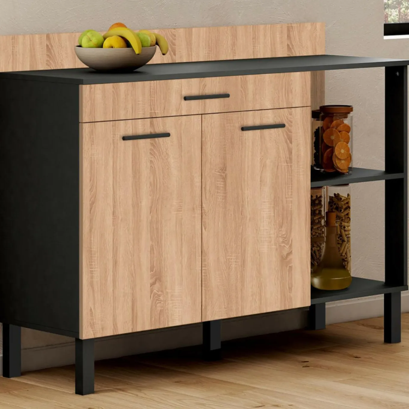 IDMarket Buffet bas de cuisine noir 120 cm 2 portes + tiroir bois façon hêtre* Meubles Tiroirs|Meubles Bas