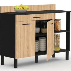 IDMarket Buffet bas de cuisine noir 120 cm 2 portes + tiroir bois façon hêtre* Meubles Tiroirs|Meubles Bas