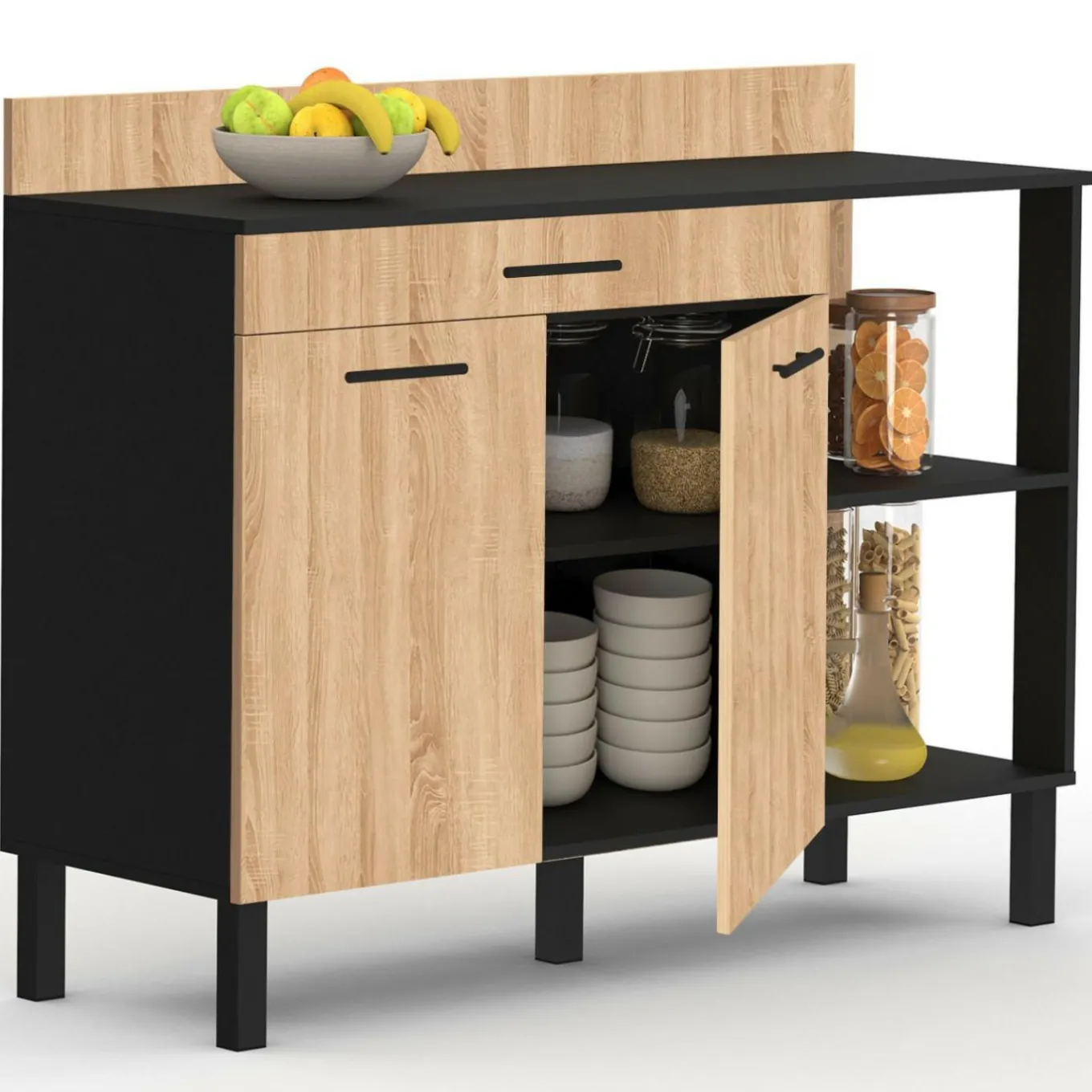 IDMarket Buffet bas de cuisine noir 120 cm 2 portes + tiroir bois façon hêtre* Meubles Tiroirs|Meubles Bas