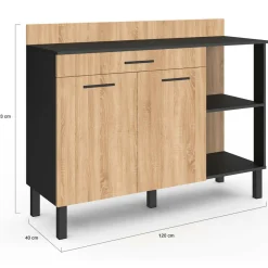 IDMarket Buffet bas de cuisine noir 120 cm 2 portes + tiroir bois façon hêtre* Meubles Tiroirs|Meubles Bas