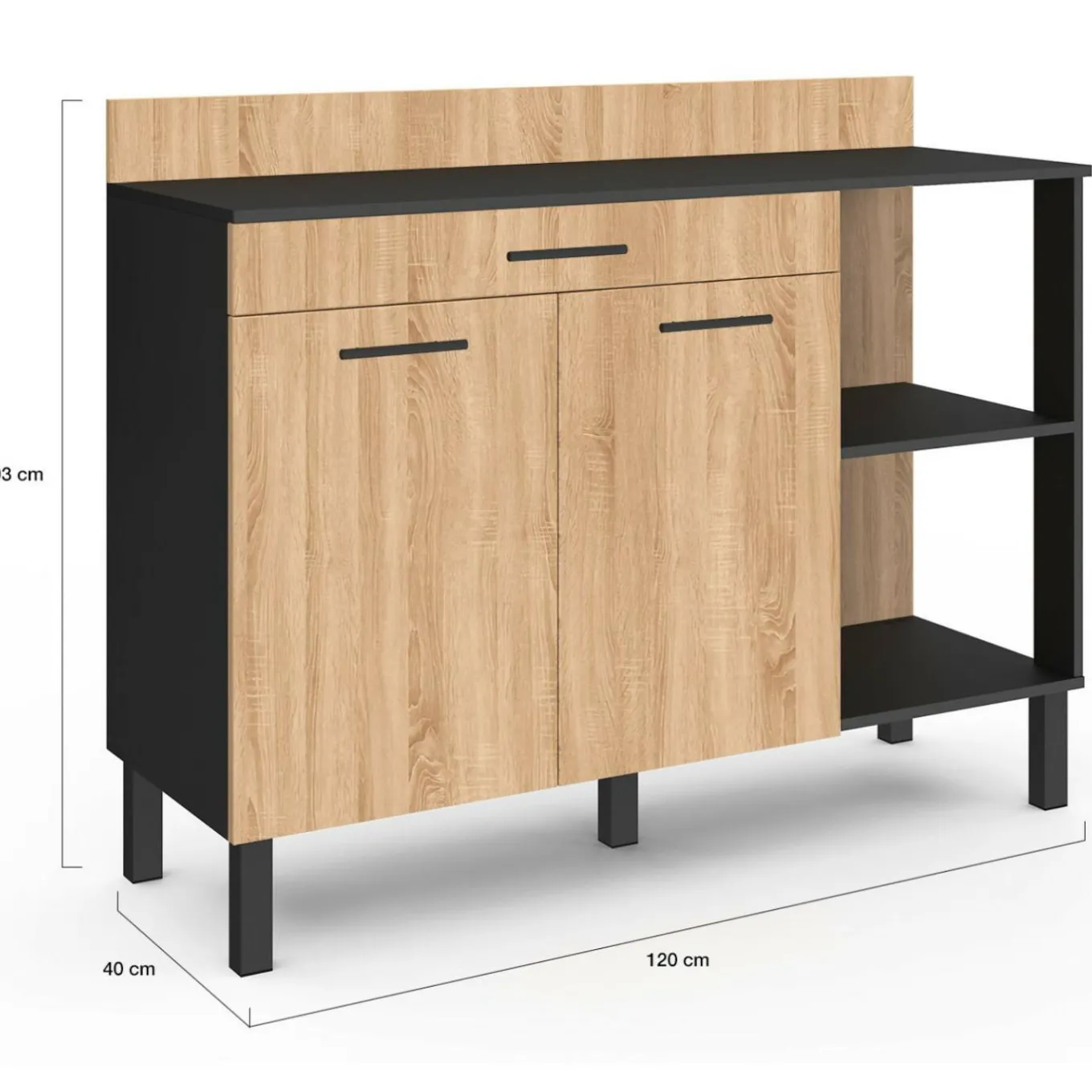 IDMarket Buffet bas de cuisine noir 120 cm 2 portes + tiroir bois façon hêtre* Meubles Tiroirs|Meubles Bas