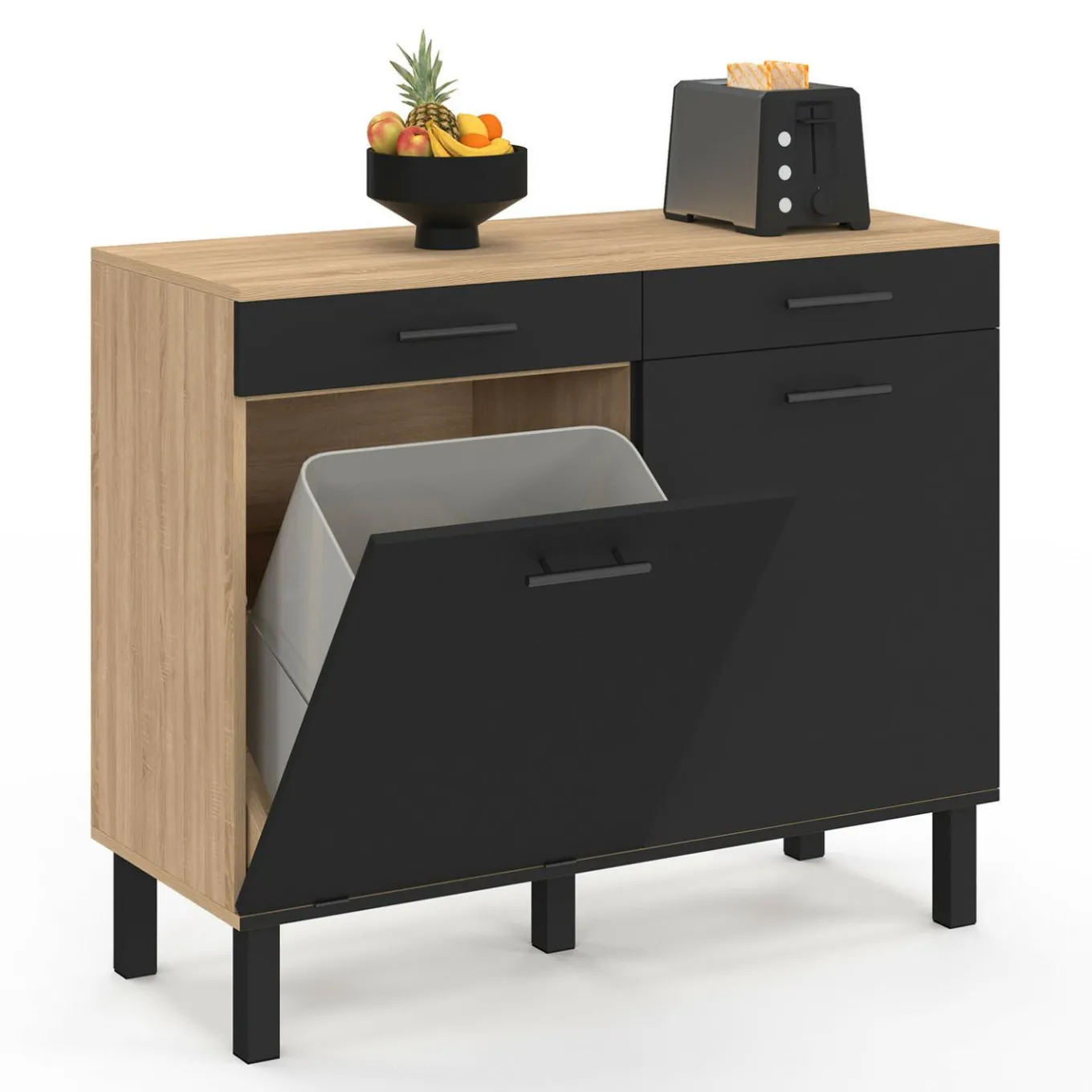 IDMarket Buffet bas hêtre et noir avec espace poubelle* Meubles De Cuisine Avec Plan De Travail|Buffets De Cuisine