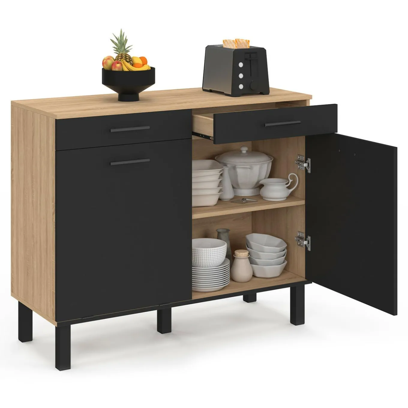 IDMarket Buffet bas hêtre et noir avec espace poubelle* Meubles De Cuisine Avec Plan De Travail|Buffets De Cuisine