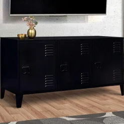 IDMarket Buffet bas industriel 3 portes en métal noir* Meubles Bas|Collection Métal