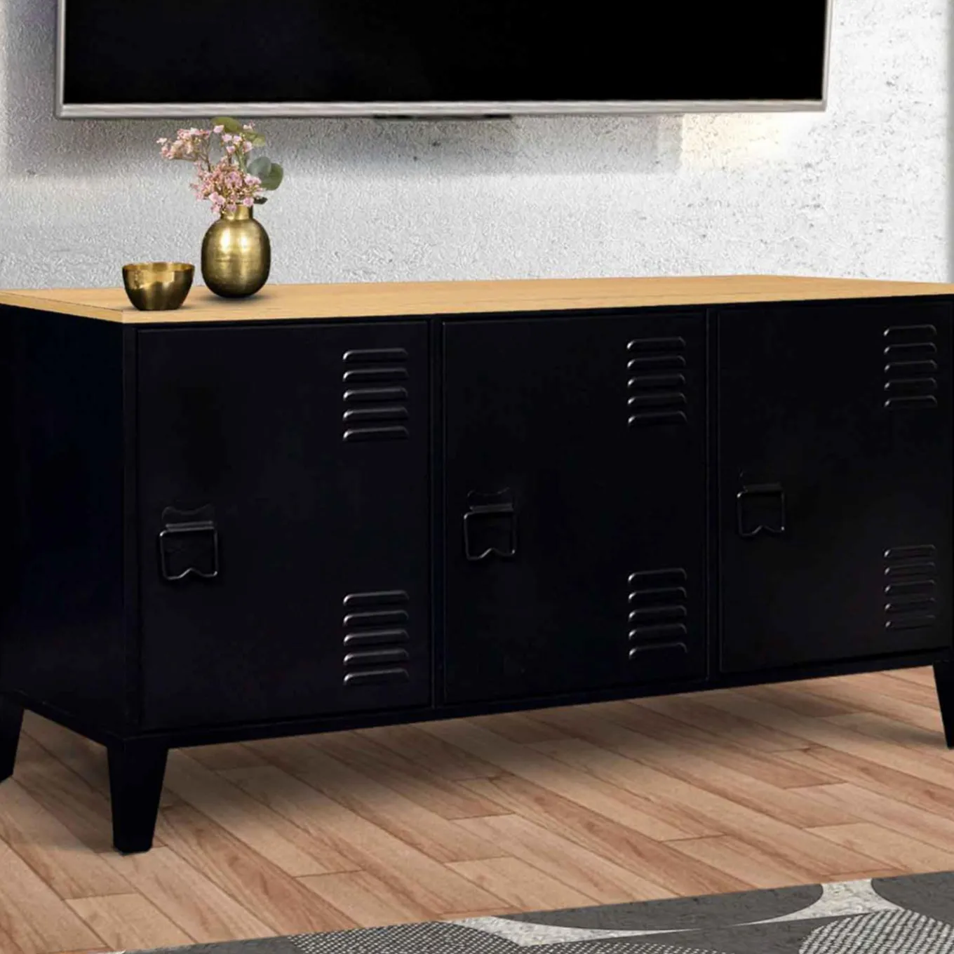 IDMarket Buffet bas métal noir avec plateau bois* Meubles Noirs|Collection Métal