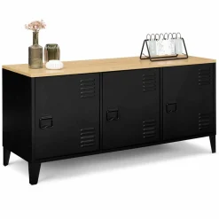 IDMarket Buffet bas métal noir avec plateau bois* Meubles Noirs|Collection Métal