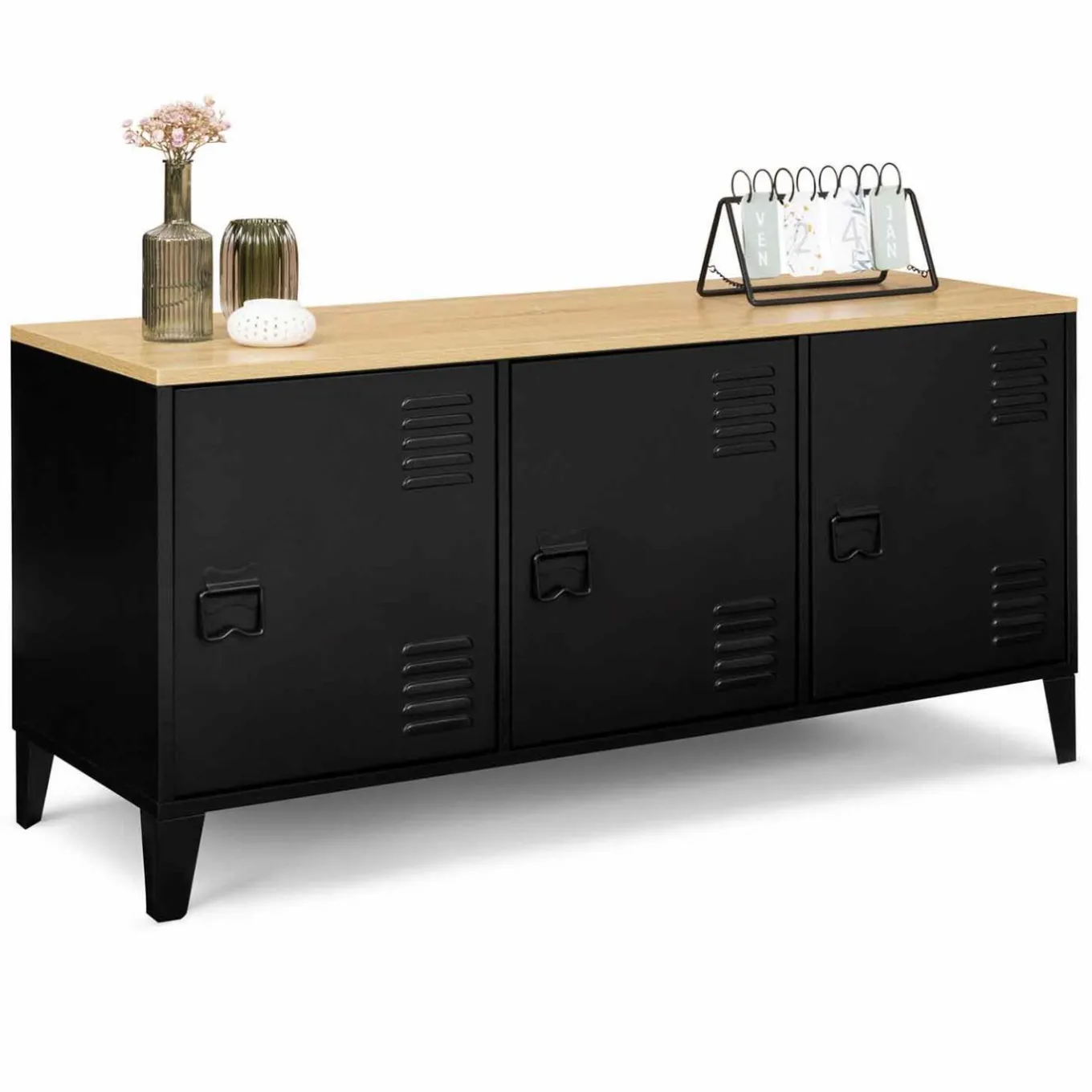 IDMarket Buffet bas métal noir avec plateau bois* Meubles Noirs|Collection Métal
