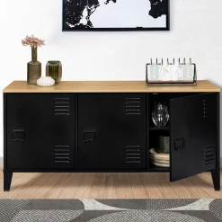 IDMarket Buffet bas métal noir avec plateau bois* Meubles Noirs|Collection Métal