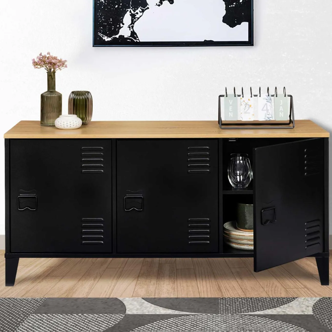 IDMarket Buffet bas métal noir avec plateau bois* Meubles Noirs|Collection Métal