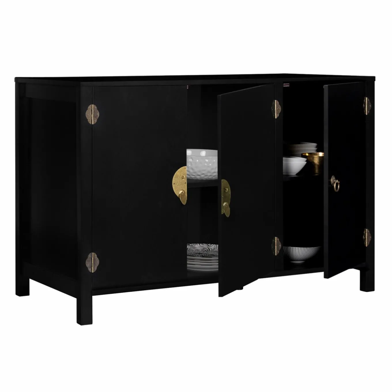 IDMarket Buffet bas noir style asiatique 3 portes* Meubles Bas|Collection Vintage