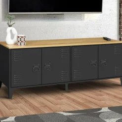 IDMarket Buffet bas style industriel 4 portes métal noir et plateau bois 140 cm* Collection Industrielle|Salle À Manger Complète