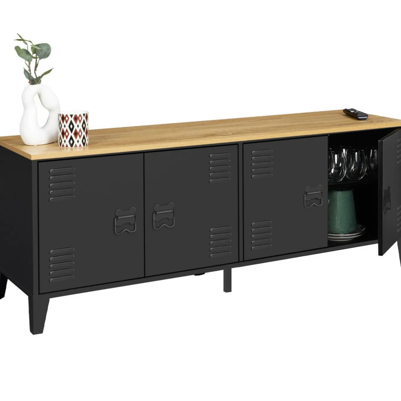 IDMarket Buffet bas style industriel 4 portes métal noir et plateau bois 140 cm* Collection Industrielle|Salle À Manger Complète