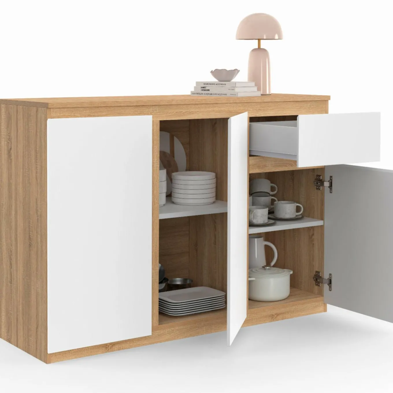 IDMarket Buffet blanc et bois 100 cm 3 portes et 1 tiroir* Collection Contemporaine|Buffets