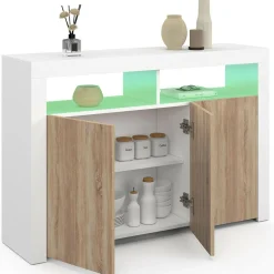 IDMarket Buffet blanc et bois 3 portes avec LED* Buffets|Salon Complet