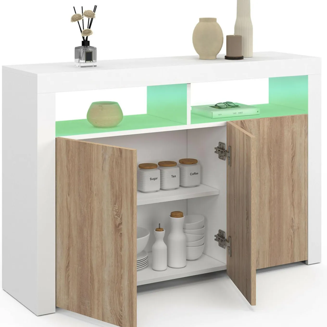 IDMarket Buffet blanc et bois 3 portes avec LED* Buffets|Salon Complet