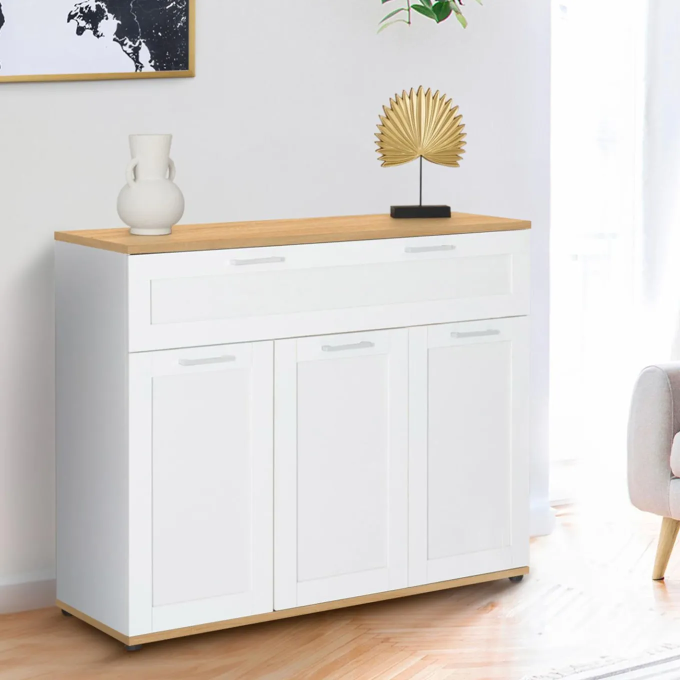 IDMarket Buffet blanc et bois 3 portes et 1 tiroir* Meubles Tiroirs|Collection Design