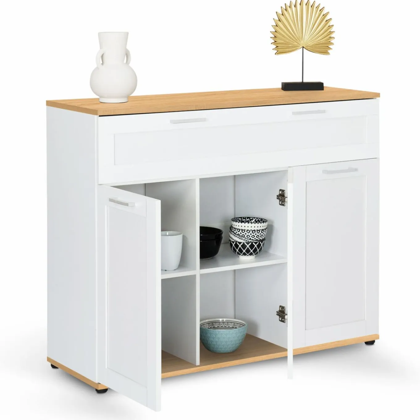 IDMarket Buffet blanc et bois 3 portes et 1 tiroir* Meubles Tiroirs|Collection Design