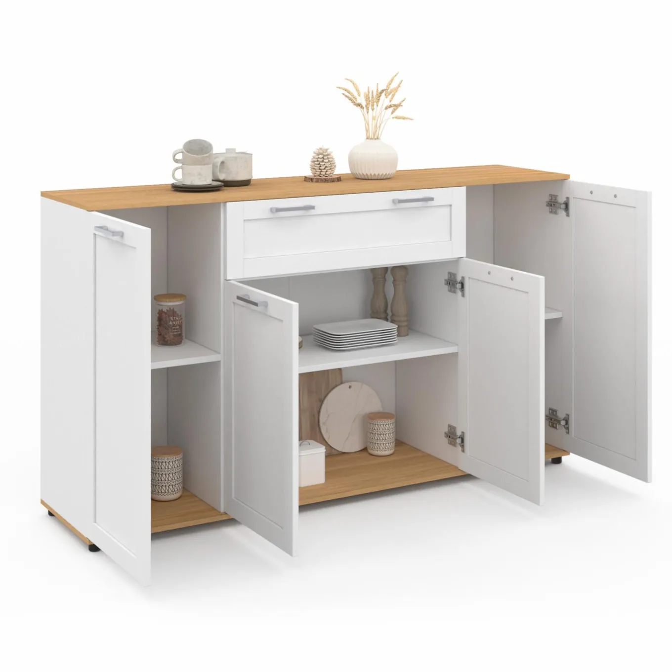 IDMarket Buffet blanc et bois 4 portes 1 tiroir* Buffets|Salon Complet