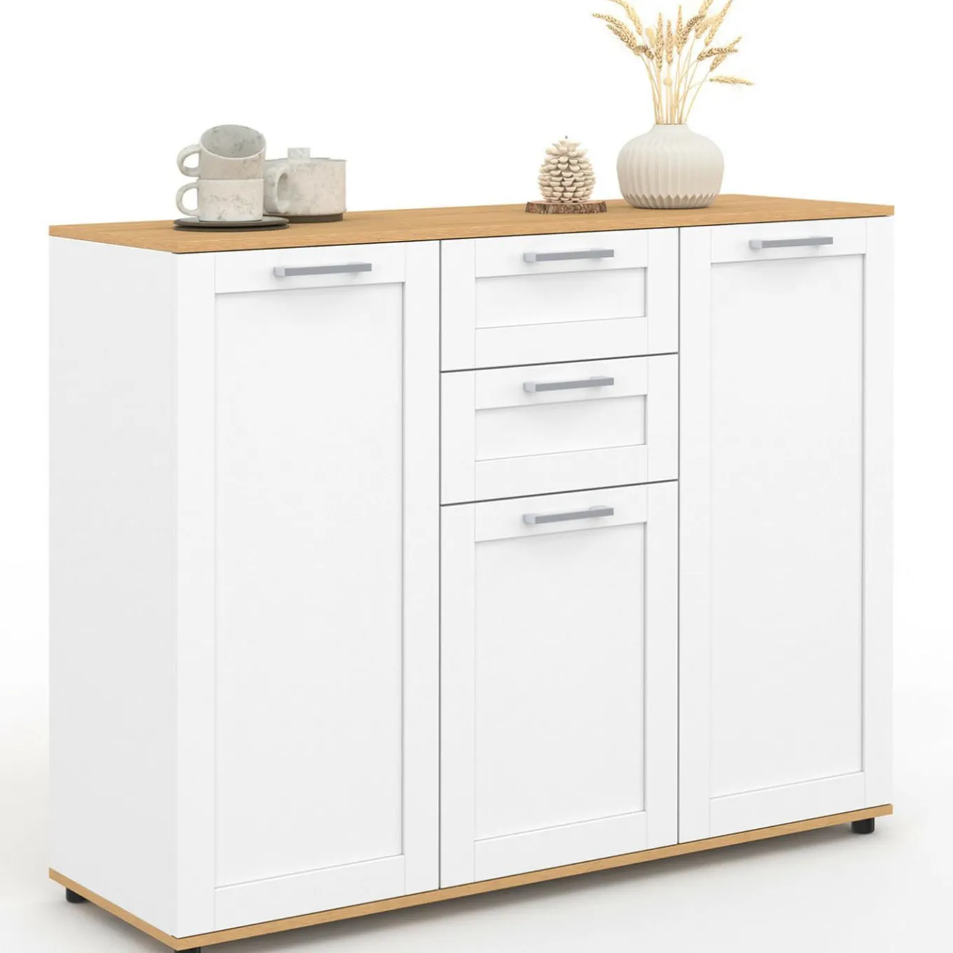 IDMarket Buffet blanc et plateau bois 100 cm avec 3 portes et 2 tiroirs* Collection Design|Collection Moderne