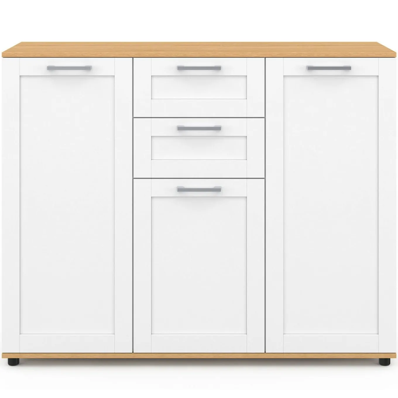 IDMarket Buffet blanc et plateau bois 100 cm avec 3 portes et 2 tiroirs* Collection Design|Collection Moderne