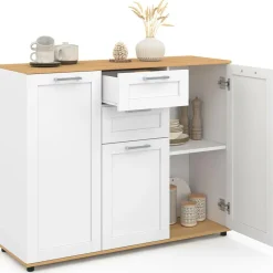 IDMarket Buffet blanc et plateau bois 100 cm avec 3 portes et 2 tiroirs* Collection Design|Collection Moderne