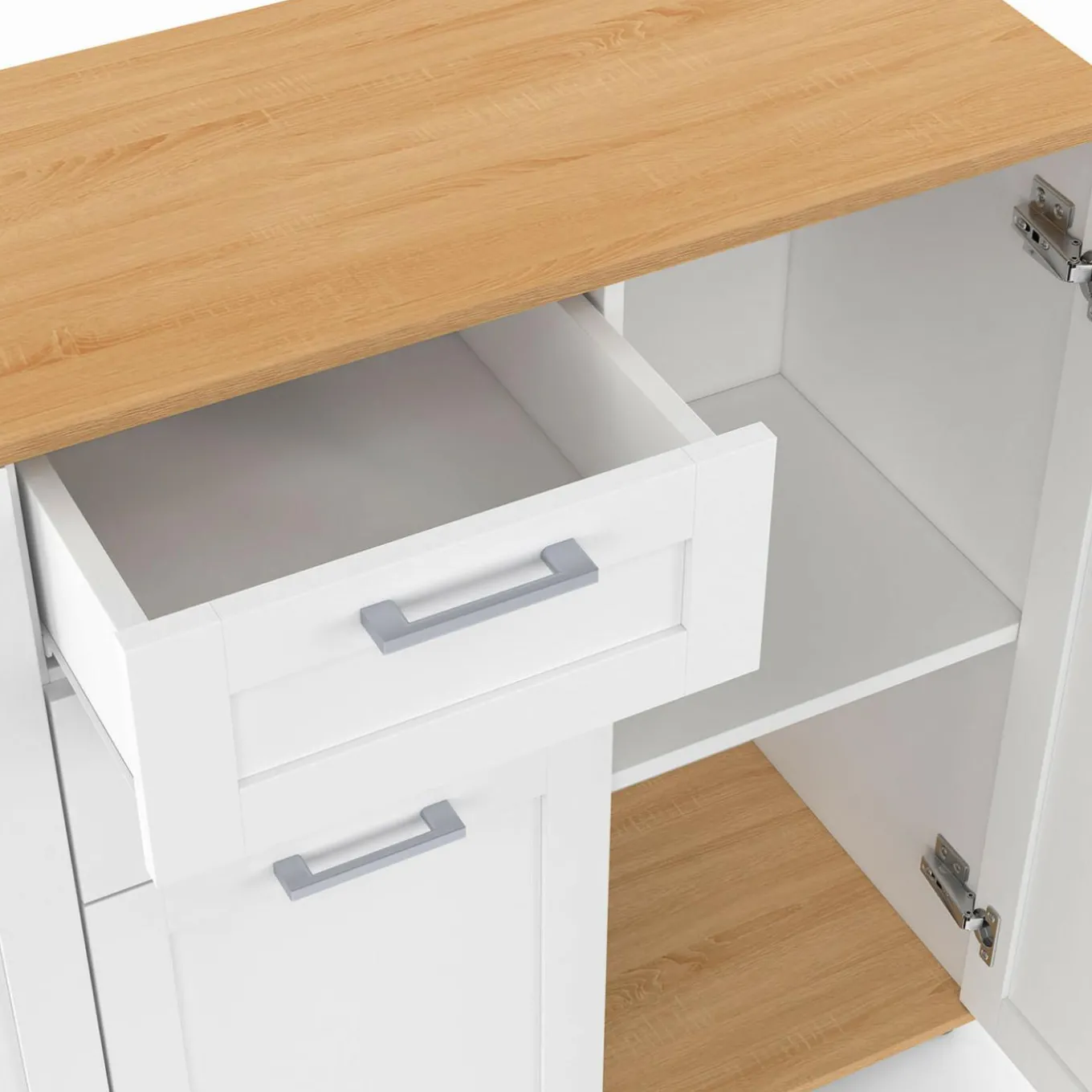 IDMarket Buffet blanc et plateau bois 100 cm avec 3 portes et 2 tiroirs* Collection Design|Collection Moderne