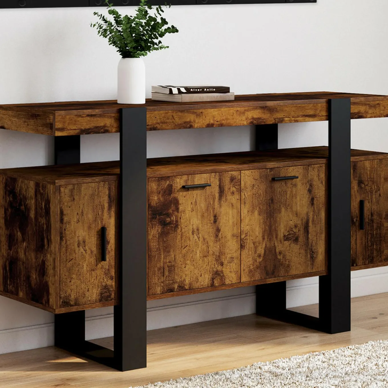 IDMarket Buffet bois effet vieilli et noir 140 cm 4 portes* Meubles En Bois|Collection Design