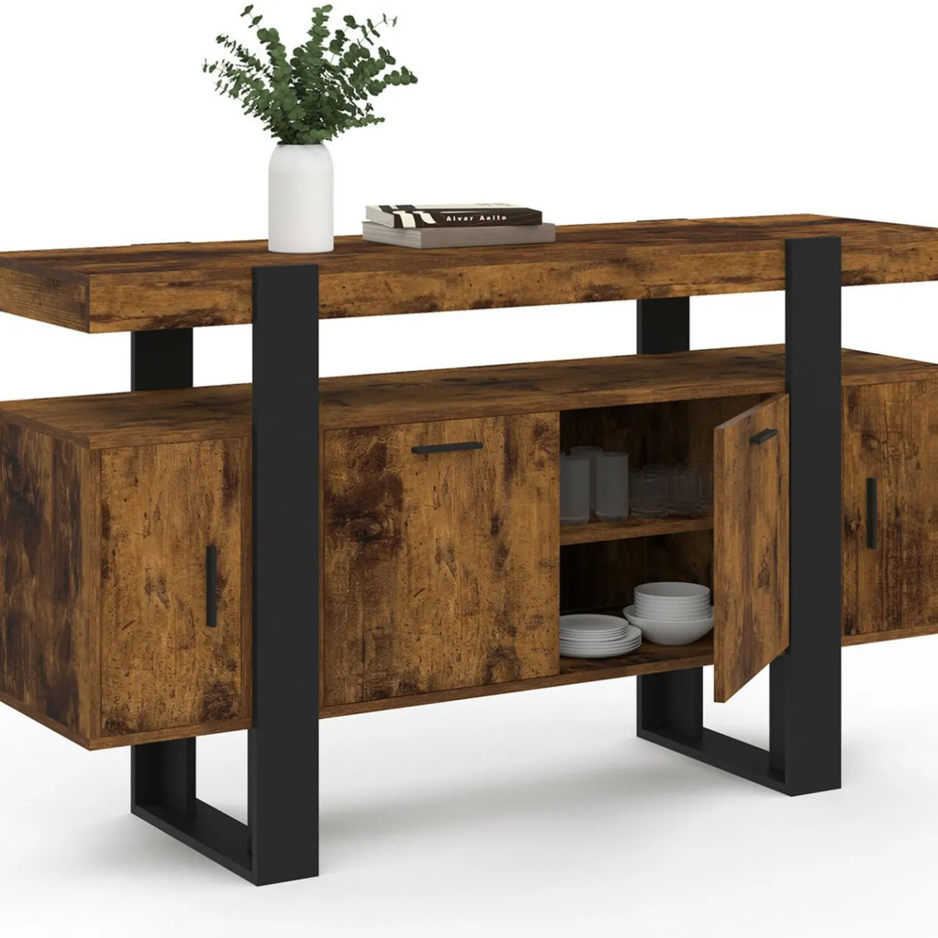 IDMarket Buffet bois effet vieilli et noir 140 cm 4 portes* Meubles En Bois|Collection Design