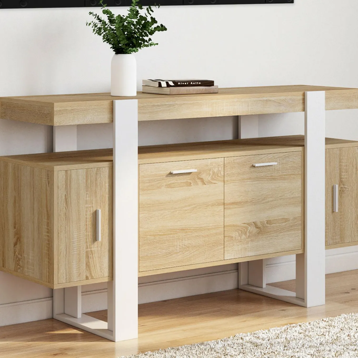 IDMarket Buffet bois et blanc 4 portes 140 cm* Salle À Manger Complète|Salon Complet