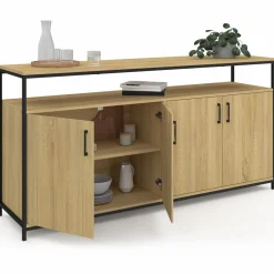 IDMarket Buffet bois et noir style industriel 160 cm 4 portes* Salon Complet|Buffets