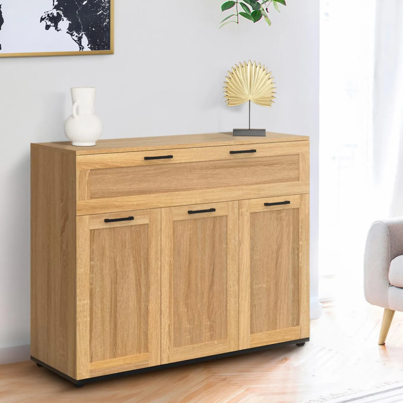 IDMarket Buffet bois et poignées noires 100 cm avec 3 portes et 1 tiroir* Meubles Tiroirs|Collection Design