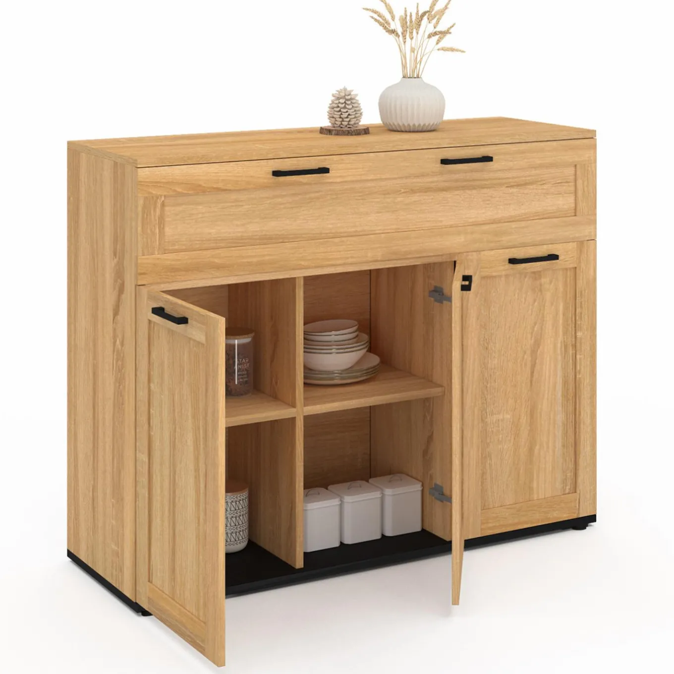 IDMarket Buffet bois et poignées noires 100 cm avec 3 portes et 1 tiroir* Meubles Tiroirs|Collection Design