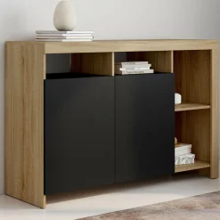 IDMarket Buffet bois façon hêtre avec portes noires* Buffets|Salle À Manger Complète