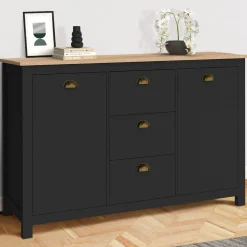 IDMarket Buffet campagne 130 CM 2 portes 3 tirroirs bois et noir* Meubles Noirs|Collection Contemporaine