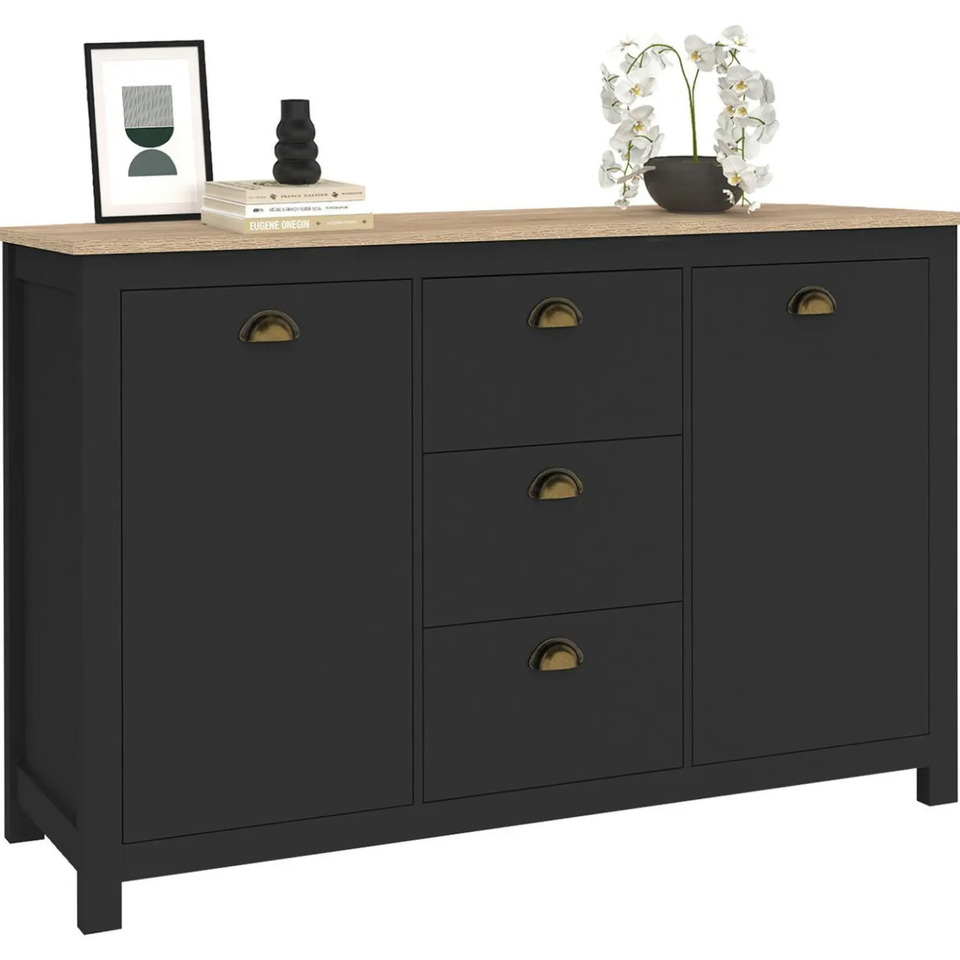 IDMarket Buffet campagne 130 CM 2 portes 3 tirroirs bois et noir* Meubles Noirs|Collection Contemporaine