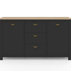 IDMarket Buffet campagne 130 CM 2 portes 3 tirroirs bois et noir* Meubles Noirs|Collection Contemporaine