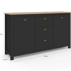 IDMarket Buffet campagne 130 CM 2 portes 3 tirroirs bois et noir* Meubles Noirs|Collection Contemporaine
