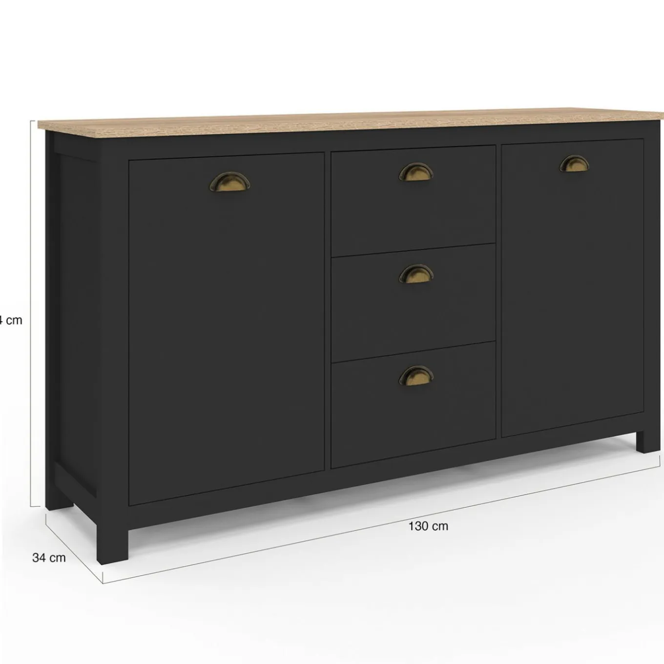 IDMarket Buffet campagne 130 CM 2 portes 3 tirroirs bois et noir* Meubles Noirs|Collection Contemporaine