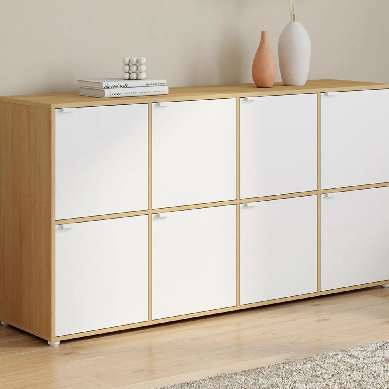 IDMarket Buffet casier 8 portes 139 cm blanc et bois* Meubles Blancs|Meubles En Bois