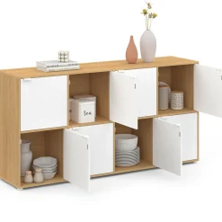 IDMarket Buffet casier 8 portes 139 cm blanc et bois* Meubles Blancs|Meubles En Bois