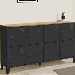 IDMarket Buffet casier 8 portes en métal noir avec plateau bois 139 cm* Buffets|Meubles Tv