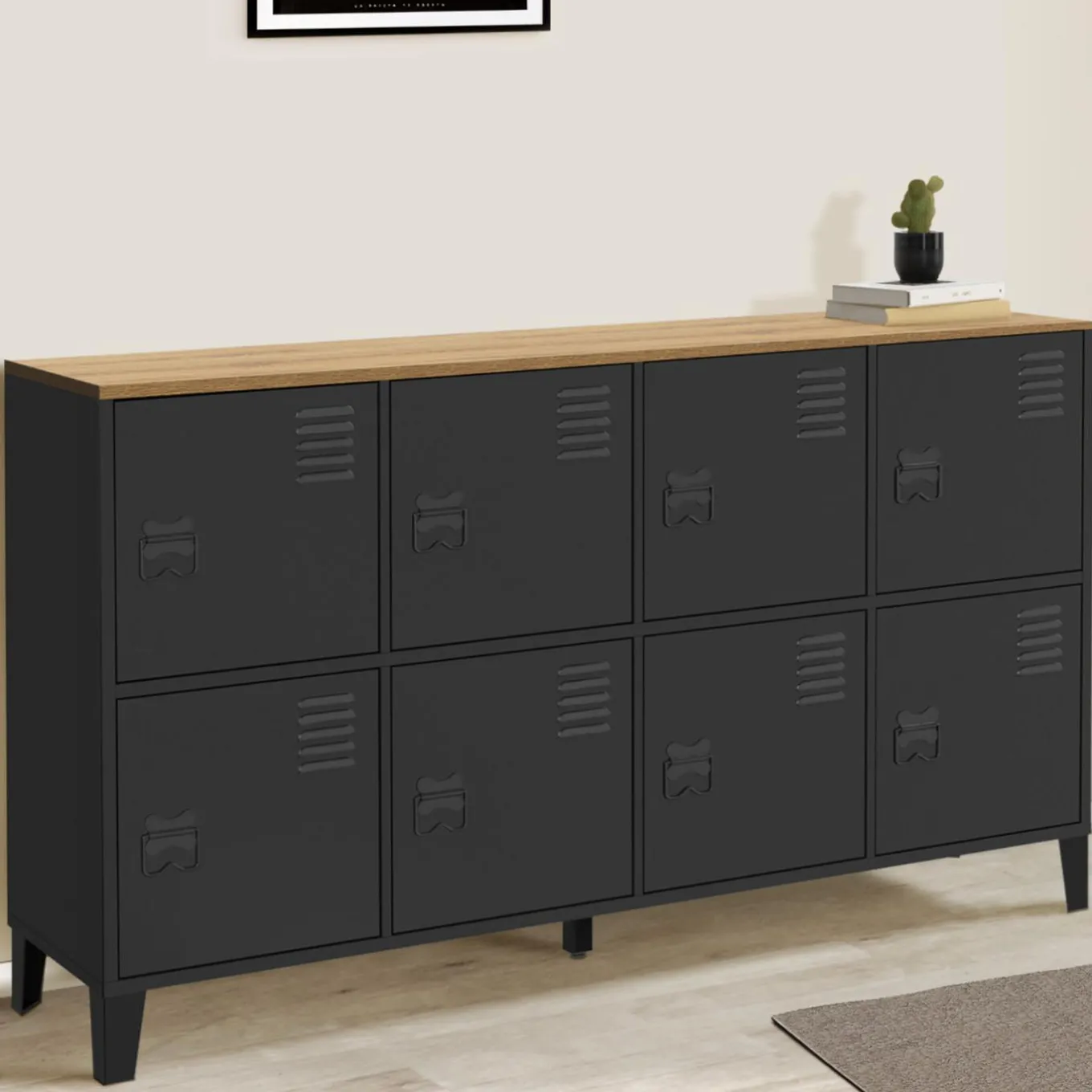 IDMarket Buffet casier 8 portes en métal noir avec plateau bois 139 cm* Buffets|Meubles Tv
