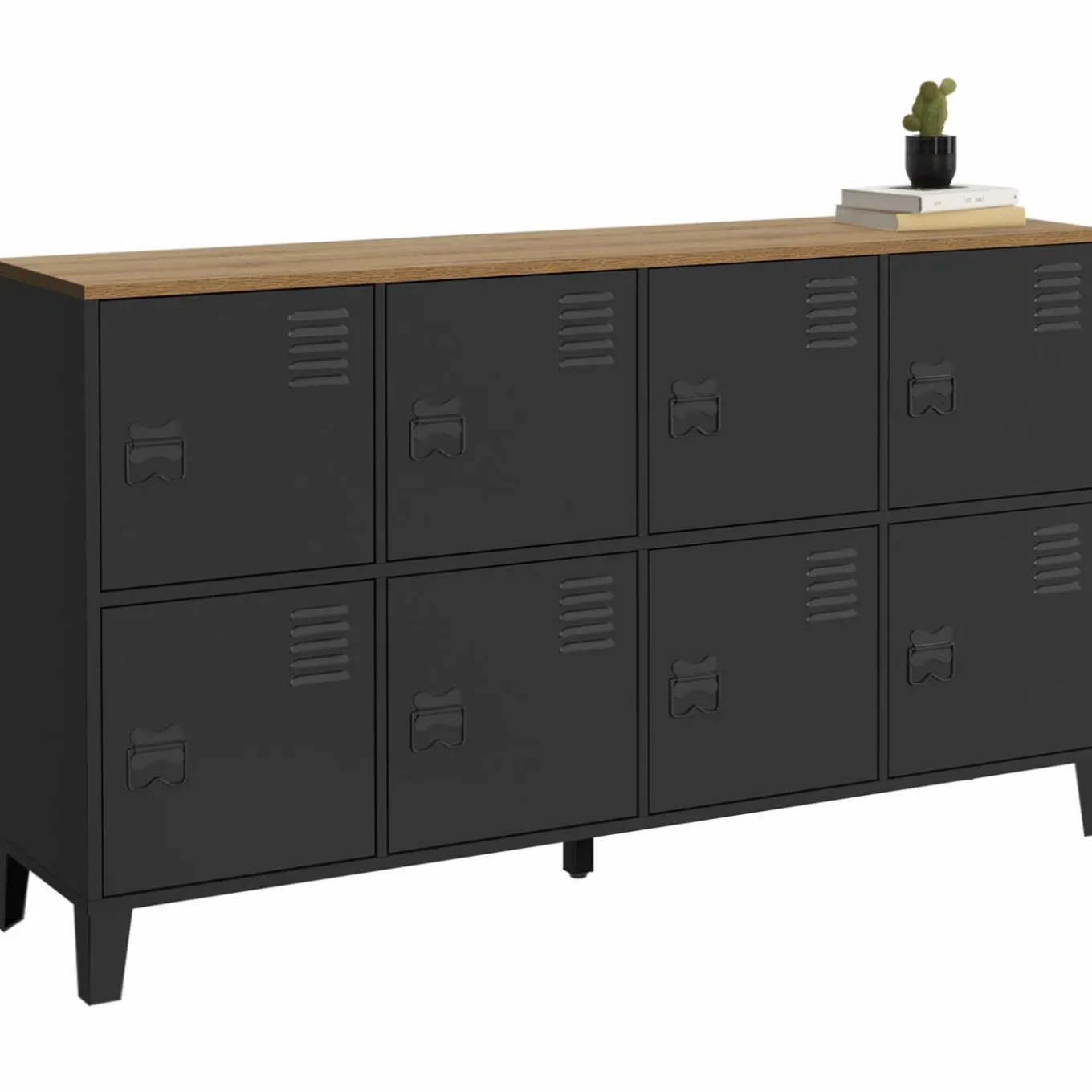 IDMarket Buffet casier 8 portes en métal noir avec plateau bois 139 cm* Buffets|Meubles Tv