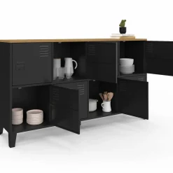 IDMarket Buffet casier 8 portes en métal noir avec plateau bois 139 cm* Buffets|Meubles Tv