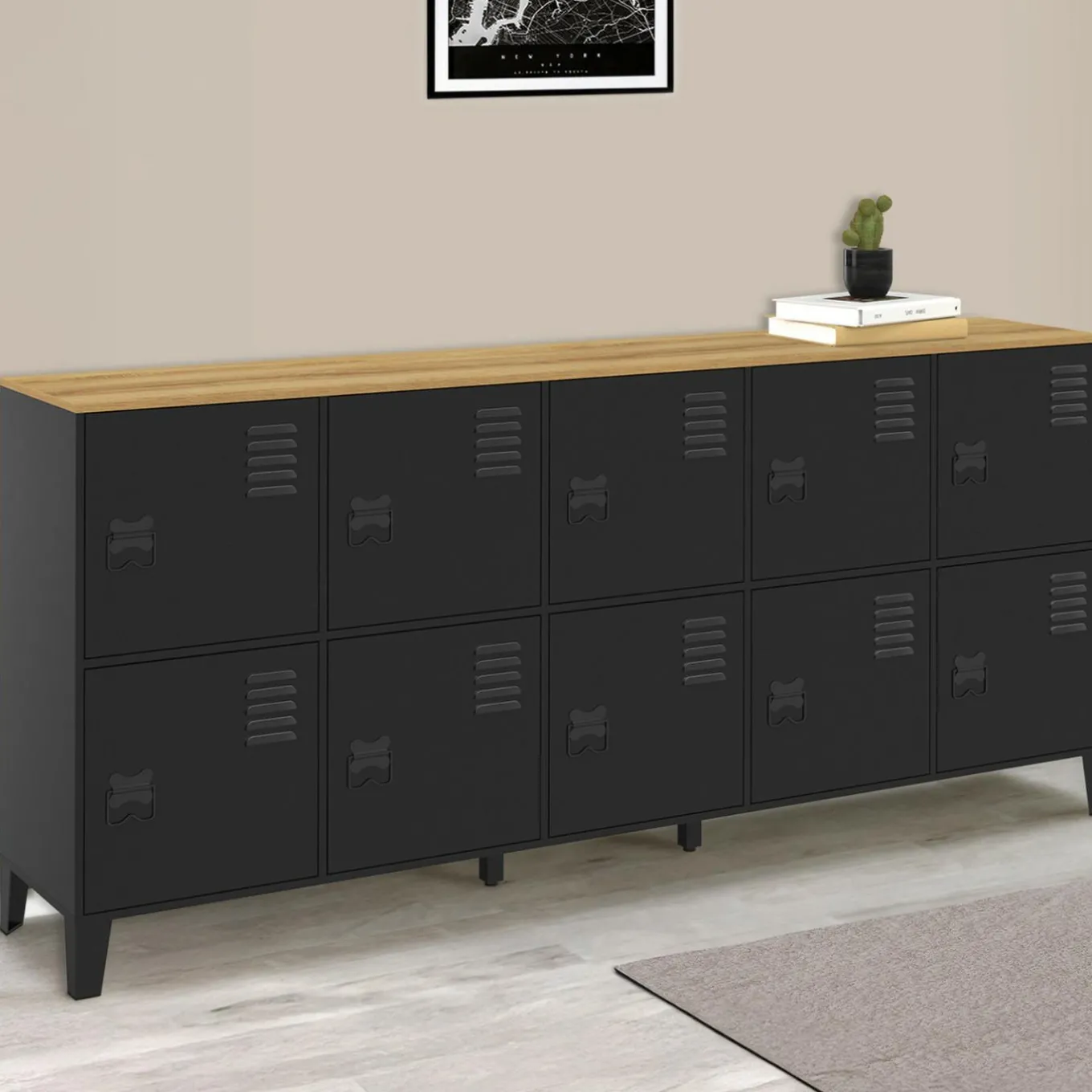 IDMarket Buffet casier 180cm design industriel 10 portes en métal noir et plateau bois* Buffets|Meubles Tv