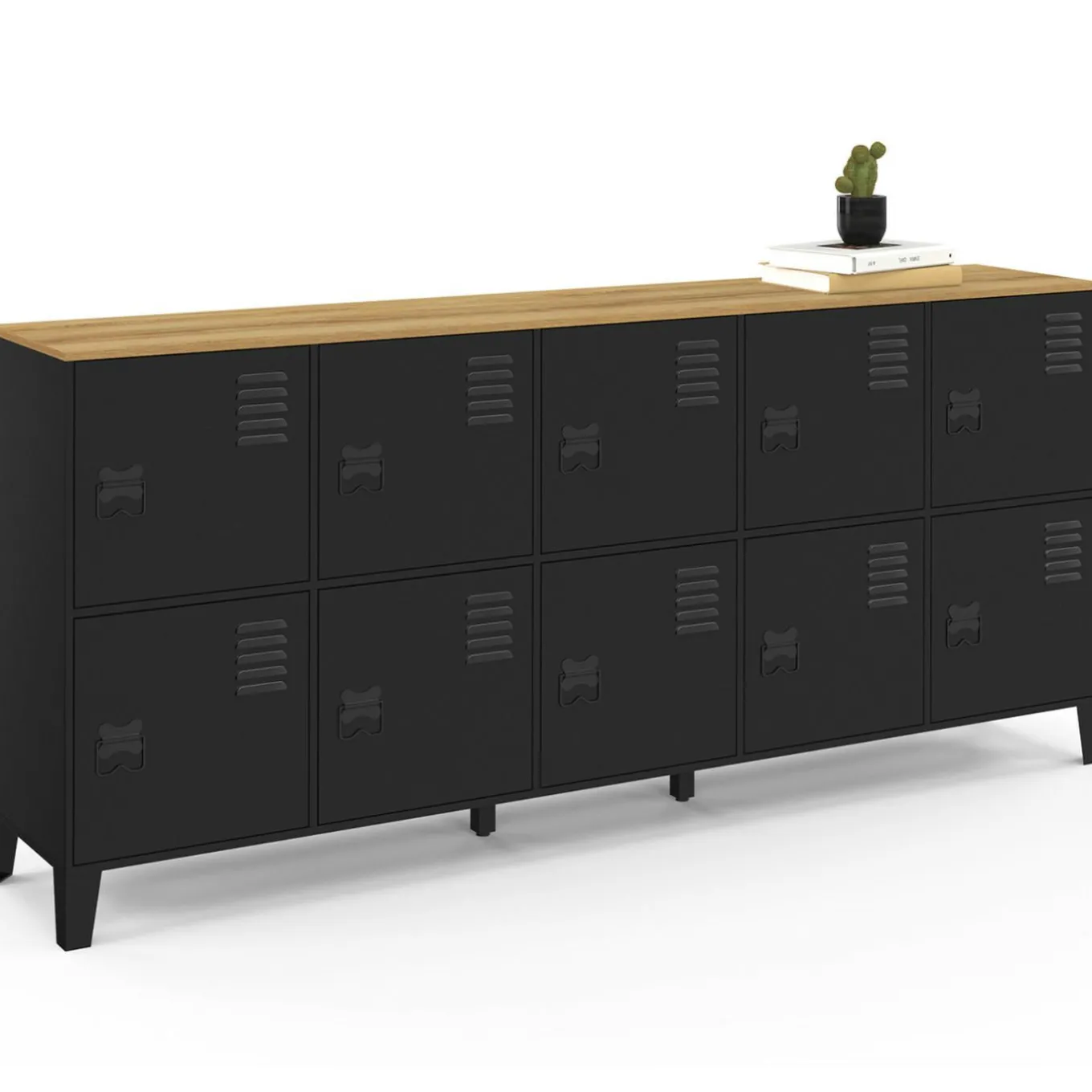 IDMarket Buffet casier 180cm design industriel 10 portes en métal noir et plateau bois* Buffets|Meubles Tv